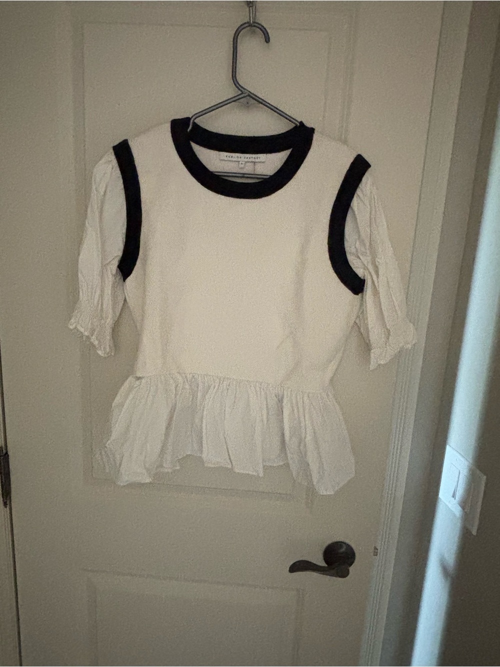 Chinese Laundry White Ruffle Peplum Blouse with Black Trim